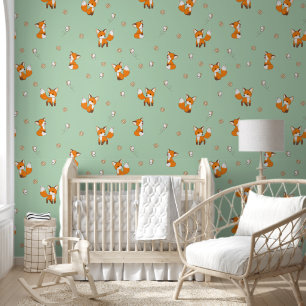 Cute Little Fox Green Pattern Wallpaper