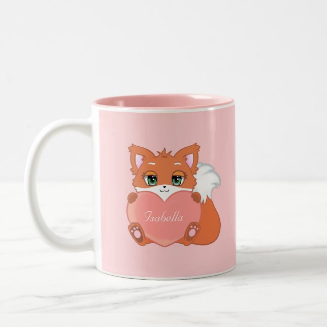 Cute Little Fox Holding a Heart on Pink Two-Tone Coffee Mug (Left)