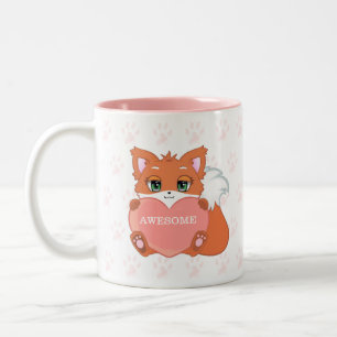 Cute Little Fox Holding a Heart & Paw Pattern Two-Tone Coffee Mug