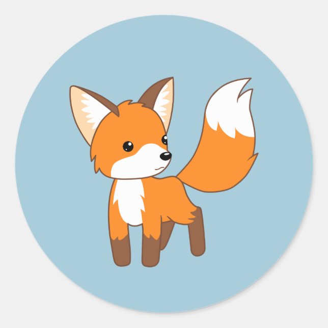 Cute Little Fox on Blue Classic Round Sticker (Front)