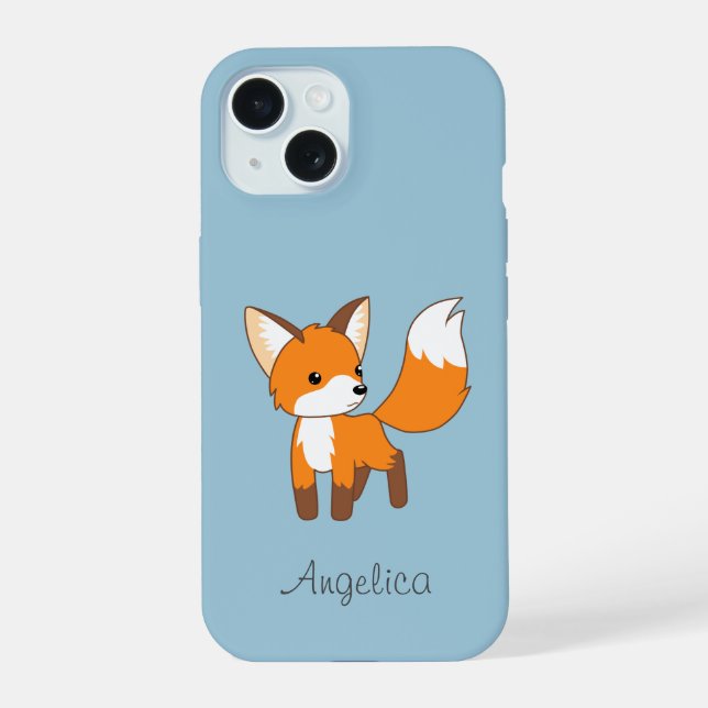 Cute Little Fox on Blue iPhone 15 Case (Back)