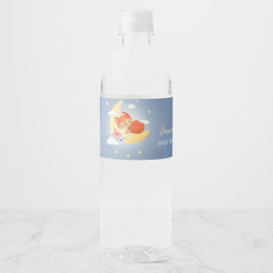 Cute little fox on the moon baby shower water bottle label
