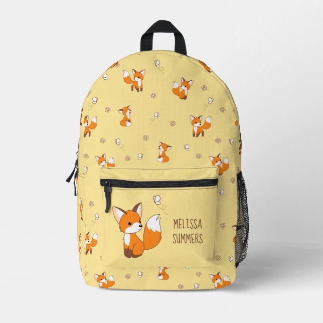 Cute Little Fox on Yellow Custom Name Printed Backpack (Front)