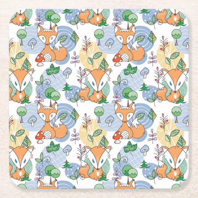 Cute Little Fox Pattern Square Paper Coaster (Front)