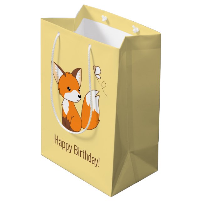 Cute Little Fox Watching Butterfly Birthday Yellow Medium Gift Bag (Back Angled)
