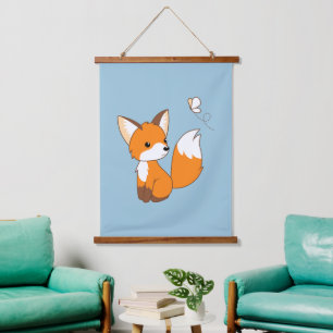 Cute Little Fox Watching Butterfly Blue Hanging Tapestry