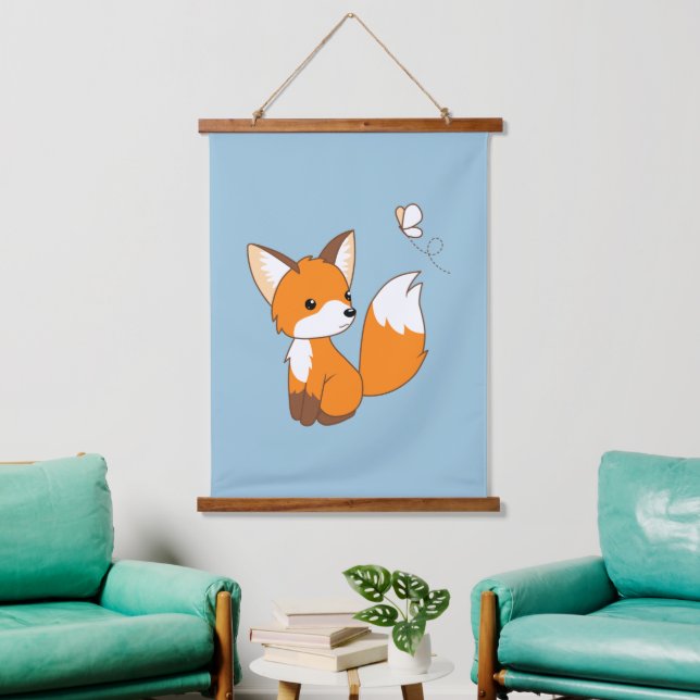 Cute Little Fox Watching Butterfly Blue Hanging Tapestry (Living Room)