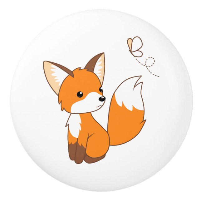 Cute Little Fox Watching Butterfly Ceramic Knob (Front)