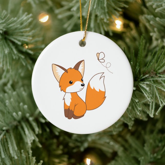 Cute Little Fox Watching Butterfly Ceramic Tree Decoration (Tree)