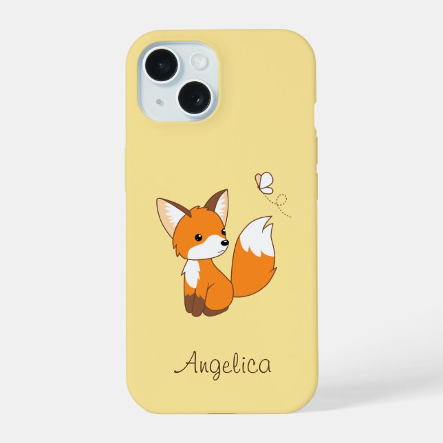 Cute Little Fox Watching Butterfly iPhone 15 Case (Back)