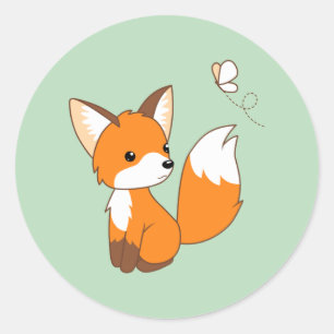 Cute Little Fox Watching Butterfly on Green Classic Round Sticker
