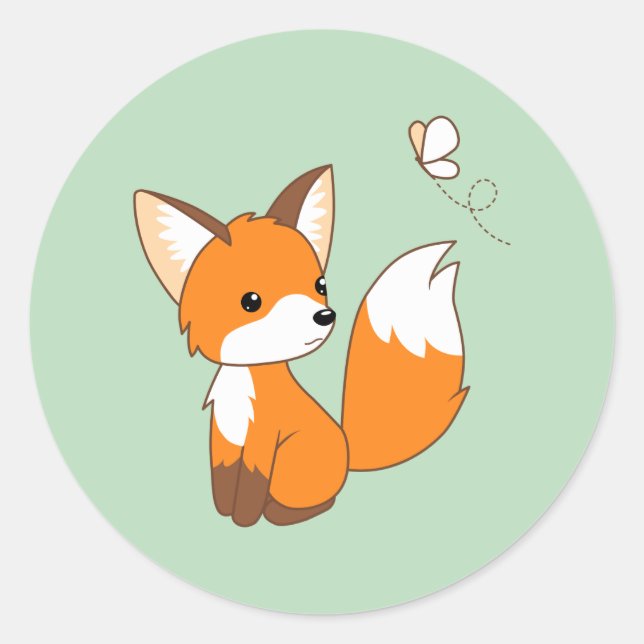 Cute Little Fox Watching Butterfly on Green Classic Round Sticker (Front)