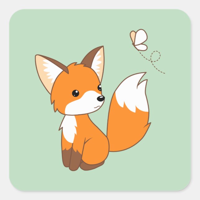 Cute Little Fox Watching Butterfly on Green Square Sticker (Front)