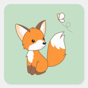 Cute Little Fox Watching Butterfly on Green Square Sticker