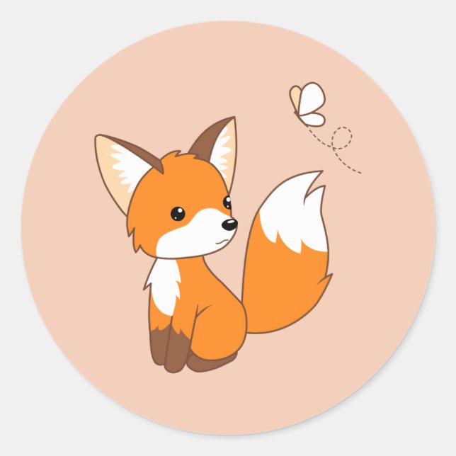 Cute Little Fox Watching Butterfly on Peach Classic Round Sticker (Front)