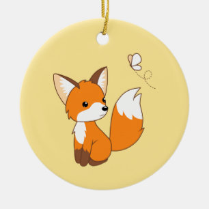 Cute Little Fox Watching Butterfly on Yellow Ceramic Tree Decoration