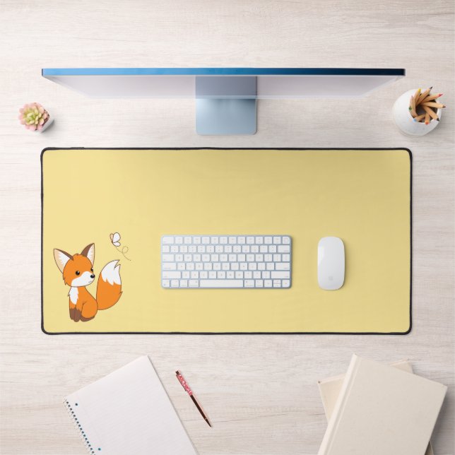 Cute Little Fox Watching Butterfly on Yellow Desk Mat (Office 1)