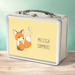 Cute Little Fox Watching Butterfly on Yellow Metal Lunch Box