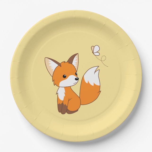 Cute Little Fox Watching Butterfly on Yellow Paper Plate (Front)