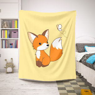 Cute Little Fox Watching Butterfly on Yellow Sherpa Blanket