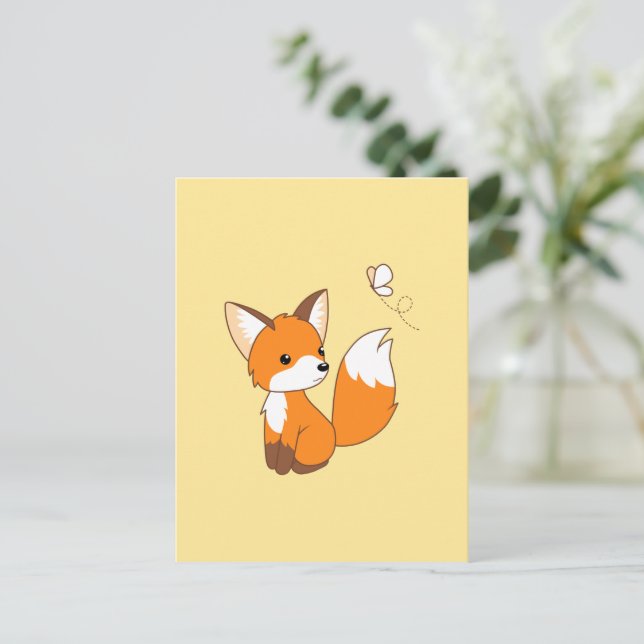 Cute Little Fox Watching Butterfly Postcard (Standing Front)