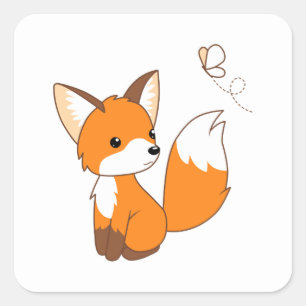 Cute Little Fox Watching Butterfly Square Sticker