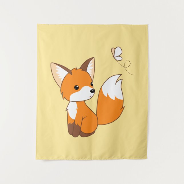 Cute Little Fox Watching Butterfly Tapestry (Front)
