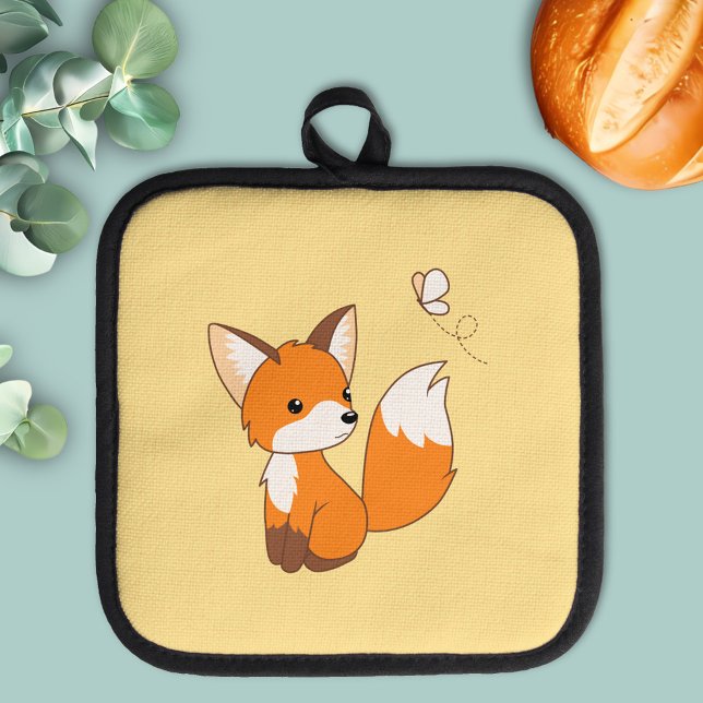 Cute Little Fox Watching Butterfly Yellow Pot Holder (Creator Uploaded)