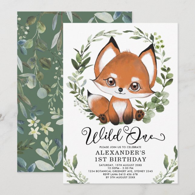 Cute Little Fox Wild One Woodland 1st Birthday Invitation (Front/Back)