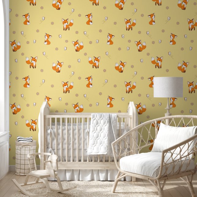 Cute Little Fox Yellow Pattern Wallpaper (Kids)