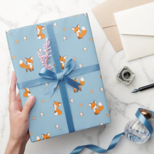 Cute Little Foxes on Blue Wrapping Paper