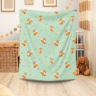 Cute Little Foxes on Green Fleece Blanket