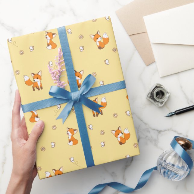 Cute Little Foxes on Yellow Wrapping Paper (Gifting)