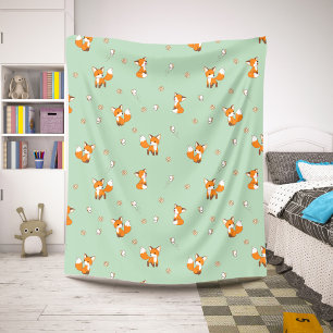 Cute Little Foxes Pattern on Green Sherpa Blanket