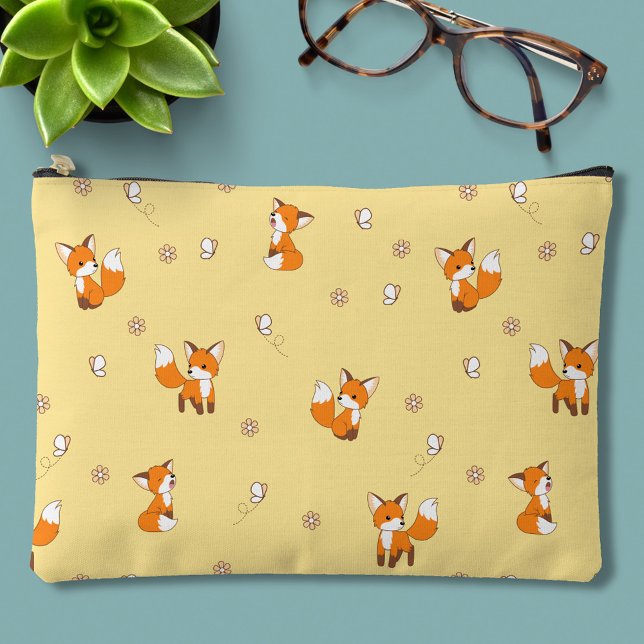 Cute Little Foxes Pattern on Yellow Accessory Pouch (Creator Uploaded)