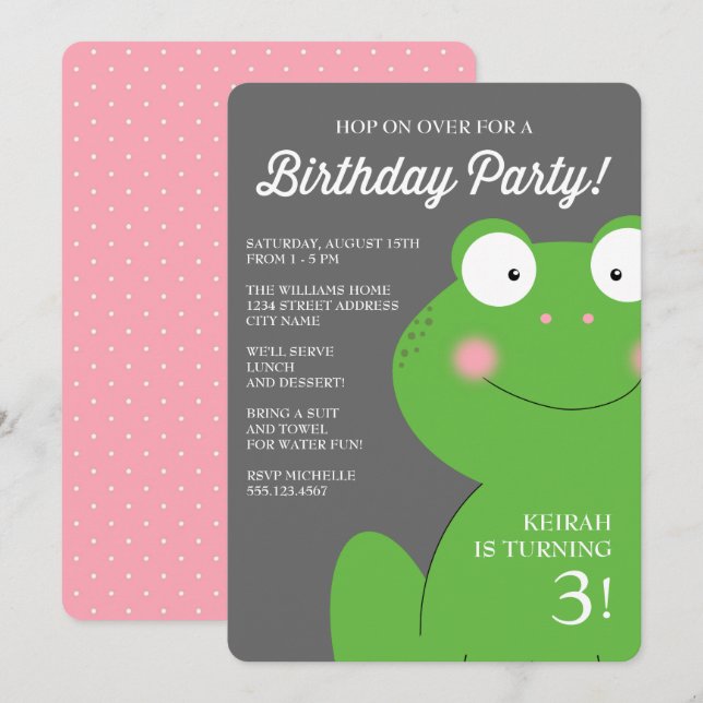 Cute Little Froggy Birthday Party Invite / Pink (Front/Back)