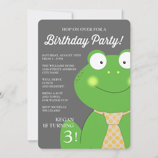 Cute Little Froggy Birthday Party Invite / Tie (Front)