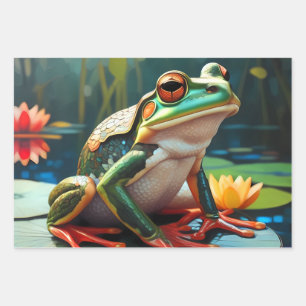 Cute little frogs sitting on a pond  wrapping paper sheet