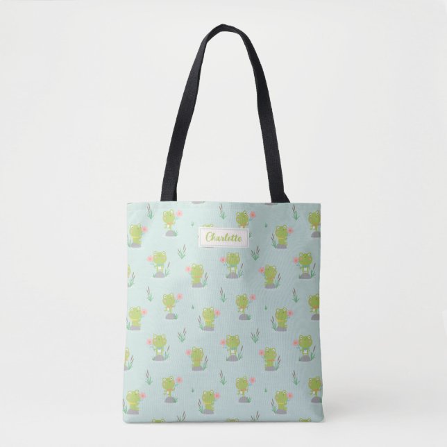 Cute Little Frogs  with flowers on mint Tote Bag (Front)