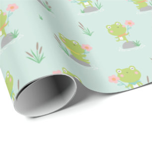 Cute Little Frogs  with flowers on mint Wrapping Paper