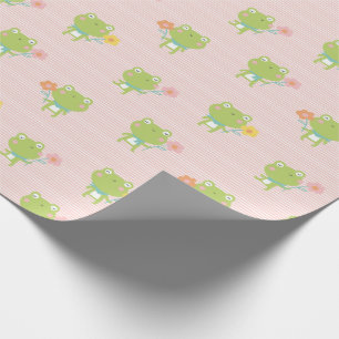 Cute Little Frogs with flowers on pink stripe Wrapping Paper
