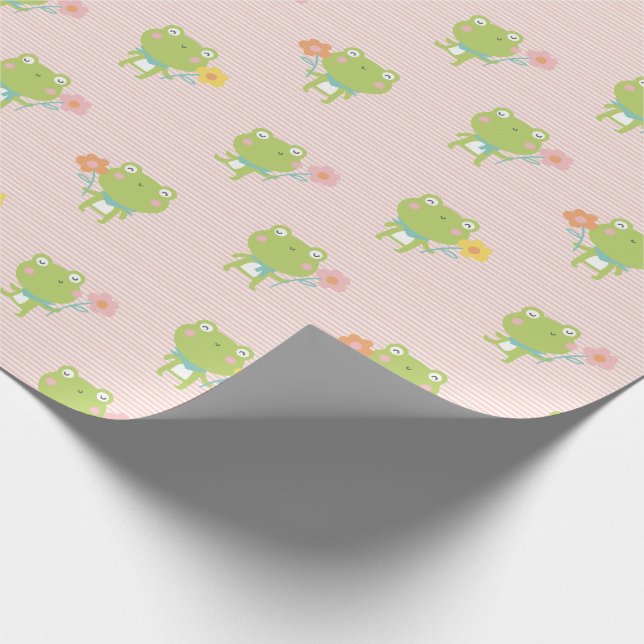 Cute Little Frogs with flowers on pink stripe Wrapping Paper (Corner)