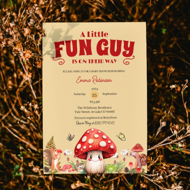 Cute Little FunGuy Fall snail Mushroom Baby Shower Invitation (mushroom baby shower invitations rustic woodland forest whimsical enchanted snail forest littlefungi)
