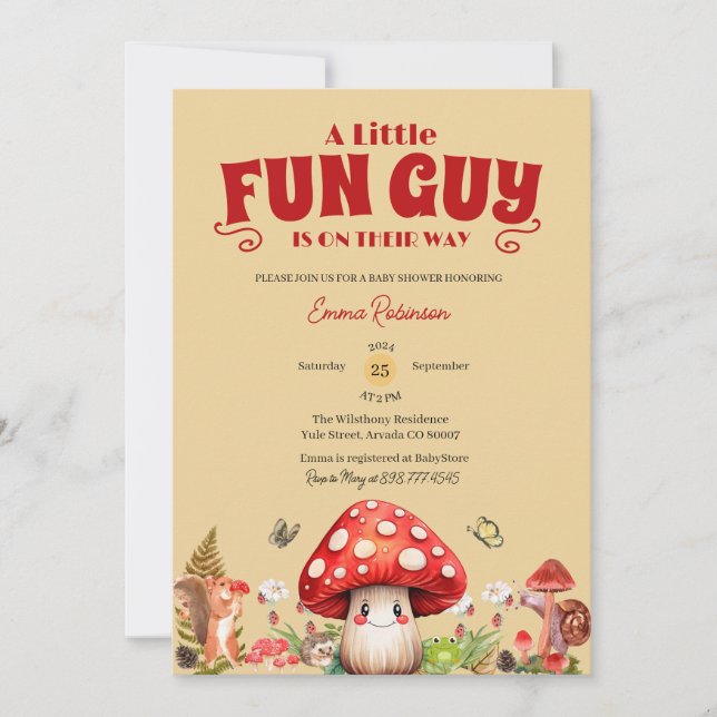 Cute Little FunGuy Fall snail Mushroom Baby Shower Invitation (Front)