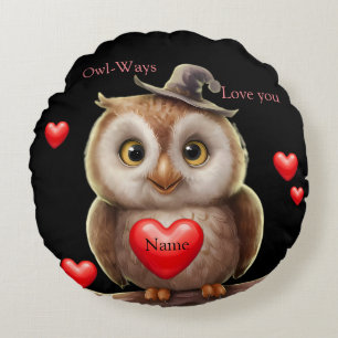 Cute little Funny Owl with love Hearts Round Cushion