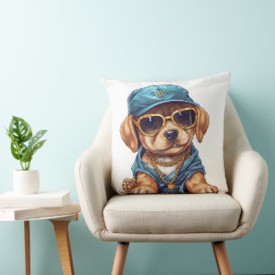 CUTE LITTLE GANGSTER PUPPY DOG IN CLOTHES & HAT CUSHION