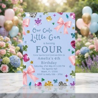 Cute Little Gem 4th Birthday Blue Invitation