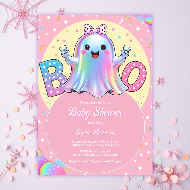 Cute Little Ghost Pink Halloween Girl Baby Shower Invitation (Little Boo Iridescent Ghost Baby Shower Invitation Cute Halloween Coquette Girl Invite)