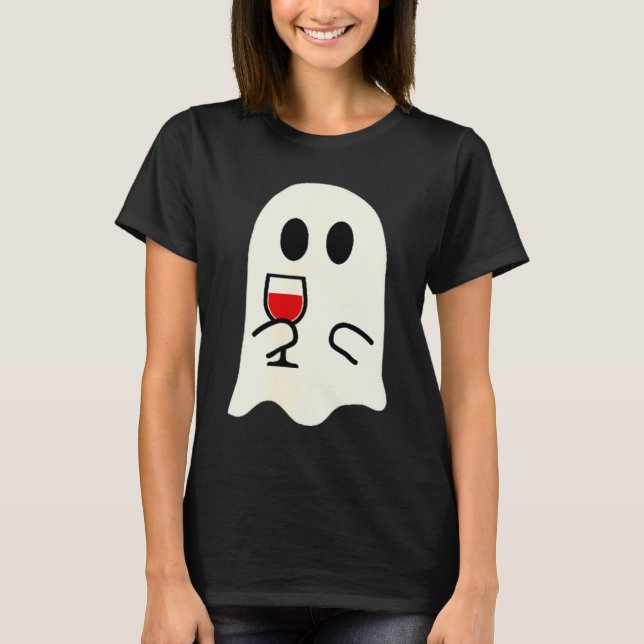 Cute Little Ghost Red Wine Gl Halloween  T-Shirt (Front)