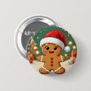 Cute little gingerbread man with Christmas hat 6 Cm Round Badge